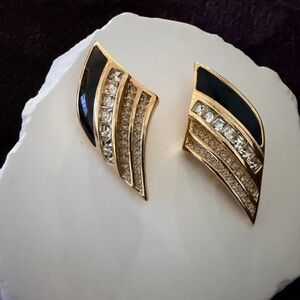 Vintage Dior Gold-Tone Black Enamel and Crystal Curved Clip Earrings